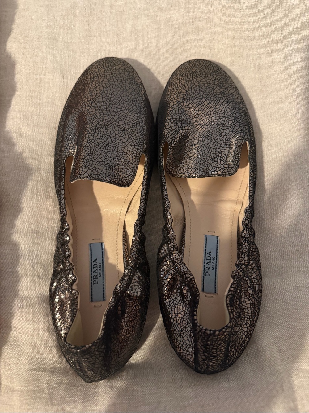 Prada Metallic Crackle Ballentina Flats